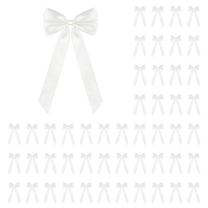 50Pcs White Satin Bows for Christmas Tree, 4 x 8 inch Xmas Ornaments with Pre-Made Twist Ties & Self-Adhesive, for Tree Cabinet Front Door Wreath Holiday Home Decor