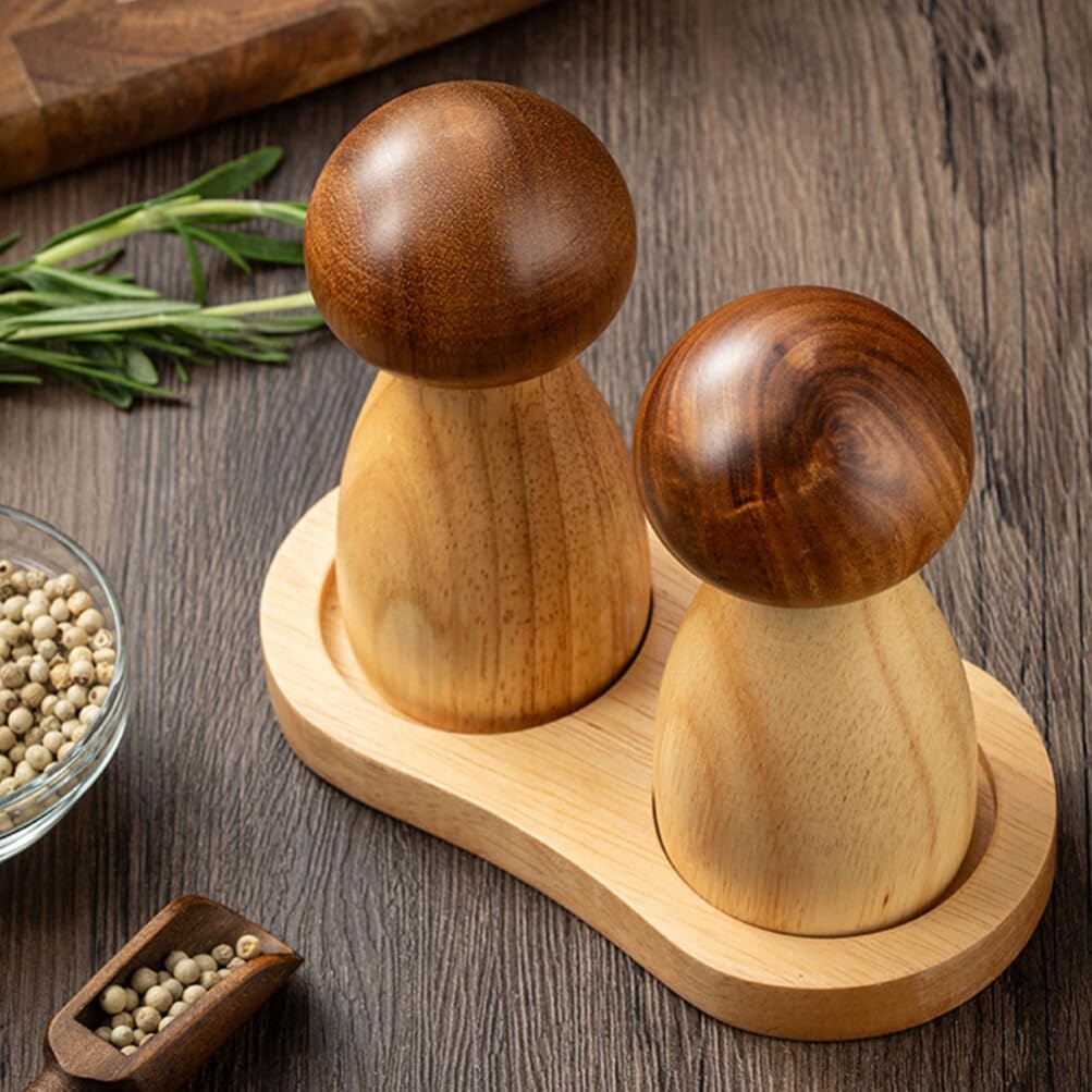 MAGICLULU Mushroom Shaped Salt and Pepper Grinder Set with Tray Manual Kitchen Spice Mill 5.90X5.11X3.14In Ideal for Home Cooking and Seasoning