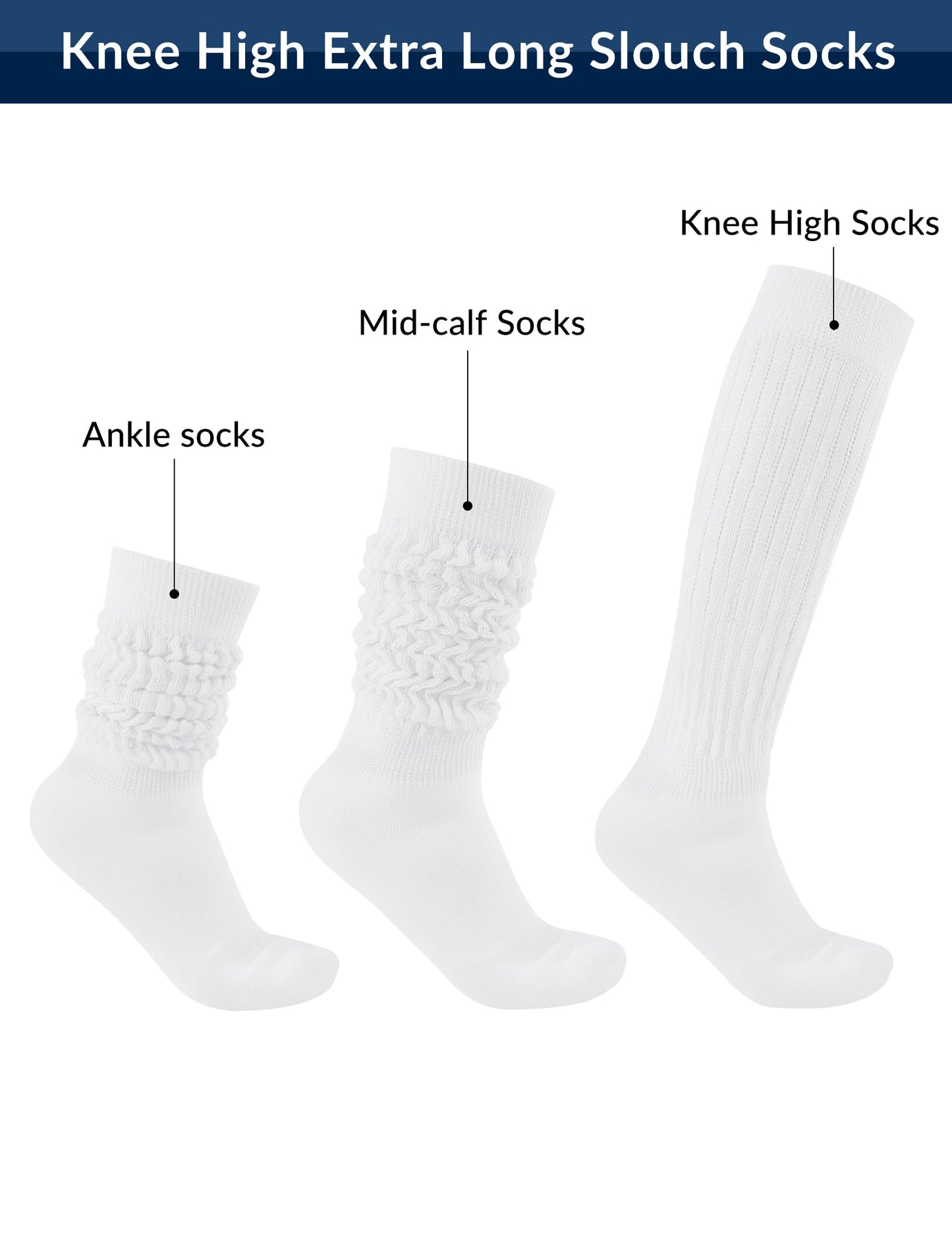 Witwot 3 Pairs Womens Slouch Socks Knee High Tube Scrunch Sock Size 6-11 White