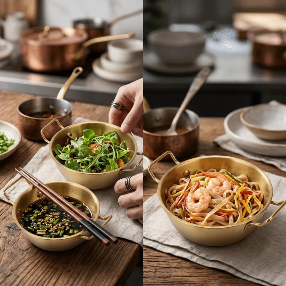 Anu Limen 3 Pcs Multiple Sizes Golden Stainless Steel Round Sauce Bowl with Handle Reusable Stackable Dipping Seasoning Dish for Appetizer Soy Sauce