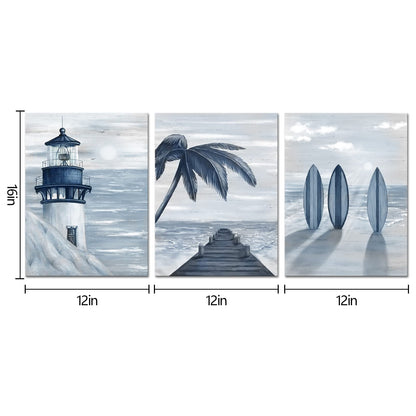 HOMEOART Blue Beach Wall Art Prints Ocean Pier Coastal Dock Seascape Lighthouse Painting Nautical Theme Framed Stretched Artwork Living Room Home Wall Decor 12"x16"x3 pcs