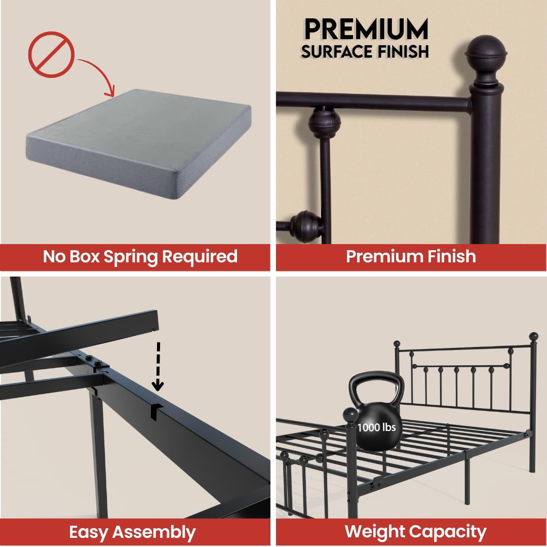 Golden Gate Beds Victorian Style Metal Platform Bed Frame with Antique Wrought Iron-Art Headboard and Footboard, Classic Cama Steel Mattress Foundation, No Box Spring Needed, Full Size, Black Finish