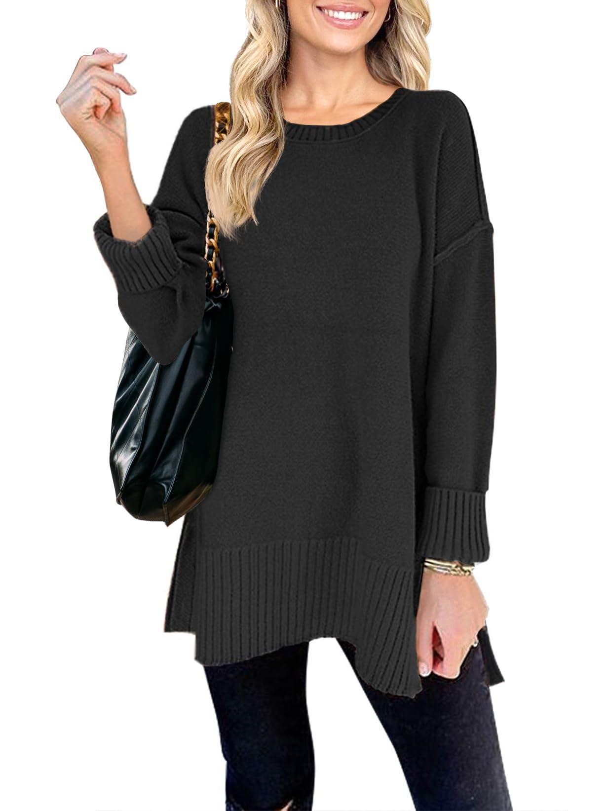 MEROKEETY Women's 2025 Fall Winter Oversized Pullover Sweater Casual Loose Crew Neck Long Sleeve Side Split Jumper Tops