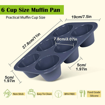 2 Pack Deep and Jumbo Muffin Tray 6 Cup Large Silicone Muffins Pan, Non-Stick Giant Cupcake Tin, Silicon Mould Bakeware, Baking Case for Yorkshire Pudding, Bun, Cupcakes, 27.8 x 19 x 5 cm (Grey)
