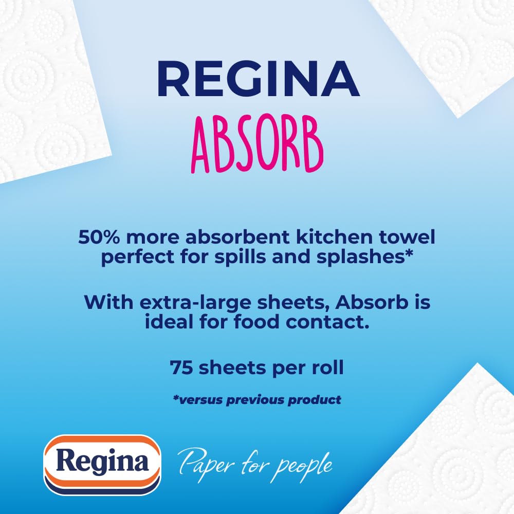 Regina Absorb Kitchen Towels – 8 Rolls Per Pack, Super Absorbent 2-ply Kitchen Towels, 75 Sheets Per Roll, Extra-large Sheets, 50percent More Than Previous XXL Products, Easy Open Pack
