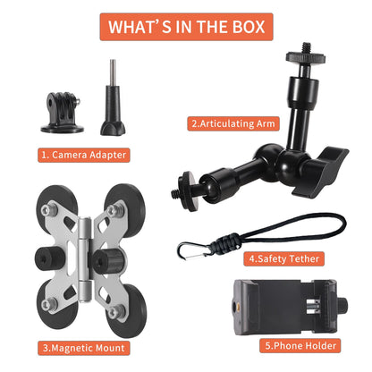 Magnetic Camera Fence Mount for Mevo Start, Post Mount for Cell Phone/GoPro,Two 1/4" Threaded Points, Flexible Hinge Camera Holder, for Recording Baseball/Tennis Games/Softball
