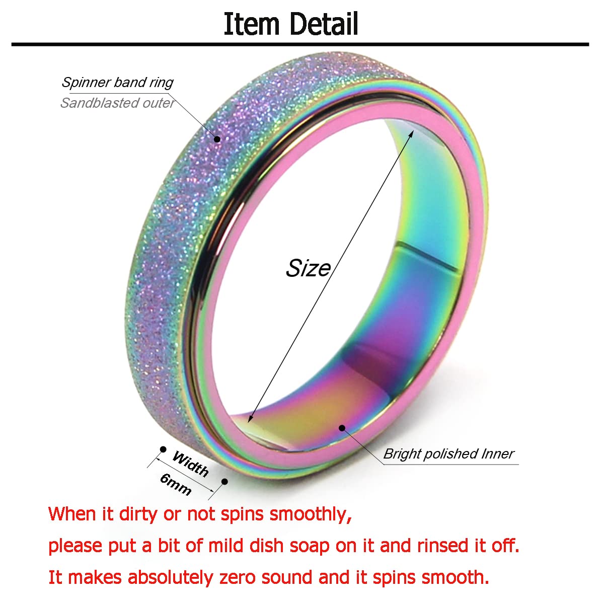 OreilleStar Anxiety Ring for Women Fidget Spinner Ring Fidget Toys Adults Titanium Stainless Steel Thumb Ring 6mm Wide Rainbow Size 10