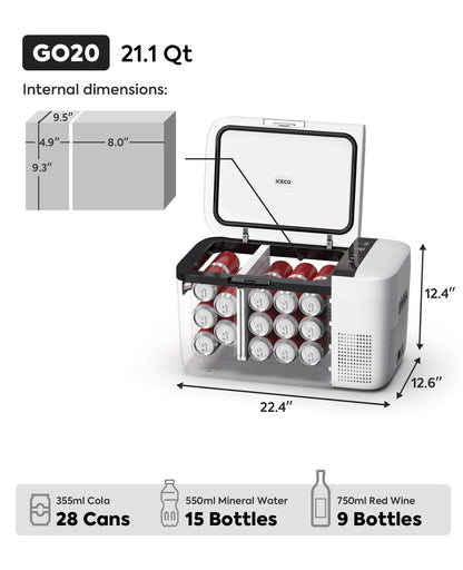 ICECO GO20 21 Quart/20 Liter Dual Zone 12 Volt Refrigerator, Portable Refrigerator with Secop Compressor, Electric Cooler, DC & AC, 0℉ - 50℉, Compressor Cooler for Outdoor, White