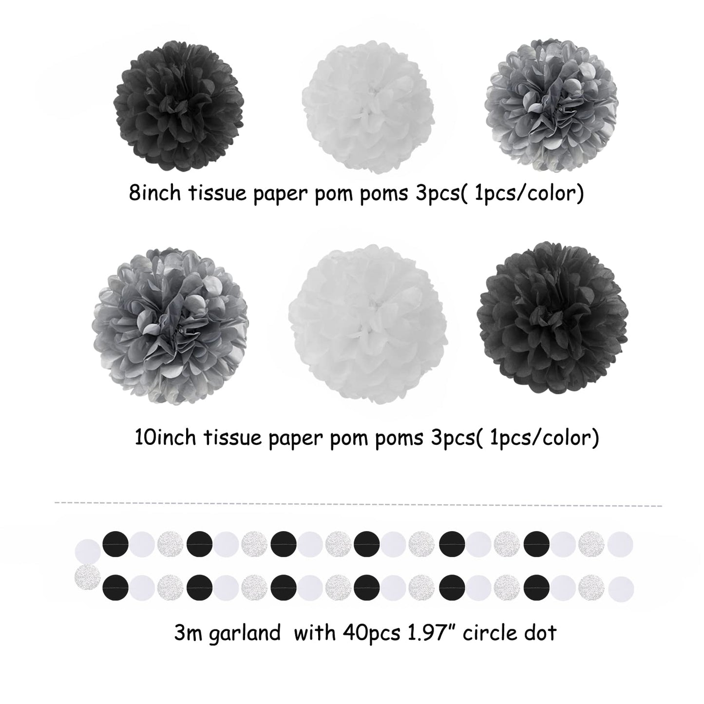 Black White Silver Party-Decorations Streamers - 23pcs Tissue Pom Poms, Graduation Men Boys Birthday Tassel Garland Banner,Wedding Baby Bridal Shower New Years Decor Lasting Surprise