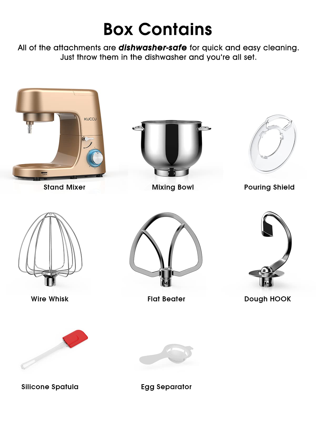 9.5 QT Double Handle KUCCU Stand Mixer, 6 Speed with Pulse Electric Kitchen Mixer, 660W Tilt-Head Food Mixer with Dishwasher-Safe Dough Hook, Flat Beater, Whisk, Splash Guard for home baking (Silver)
