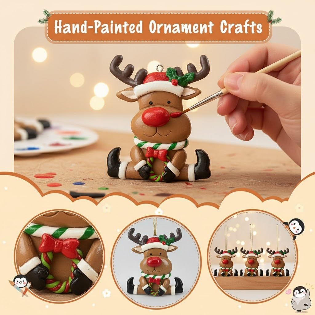 Set of 3 Cute Reindeer Hanging Christmas Tree Ornaments - Hand-Painted Resin Holiday Home Decor & Gift - Durable, Lightweight Xmas Decoration for Family, Friends, Teachers (Deer)