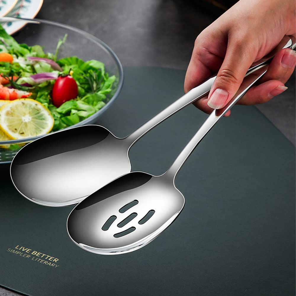 SIAIQIANG Extra Large Serving Spoons Set,18/8 Stainless Steel Slotted Spoon and Serving Spoon,9.8 Inch Buffet Spoons Set,Tabletop Flatware Utensil (2pack)