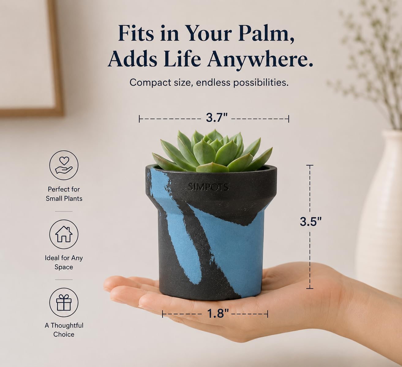ONE ART Modern Planter Pot, Stone & Recycled Ocean Plastic, Frost Proof Indoor Outdoor Plant Pot for Succulents Flowers Herbs, Unique Hand-Finished Pattern, Lightweight Minimalist Decor (Small)