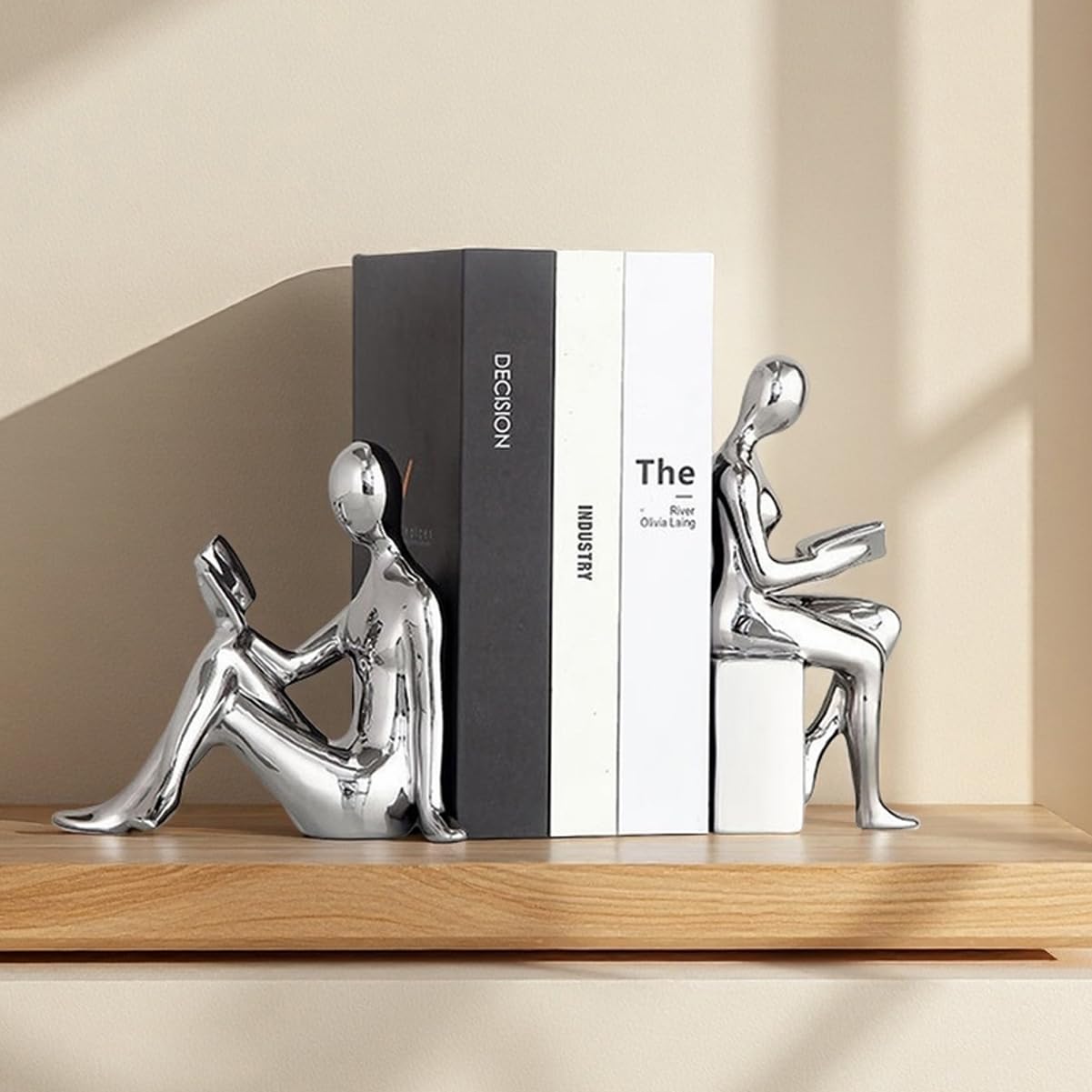 Decorative Bookends, Ceramic Book Ends for Shelves, Home Office Decor Aesthetic Book Stopper Reading Book Holders Statues for Bookshelf Bedroom Living Room Decoration (Silver)
