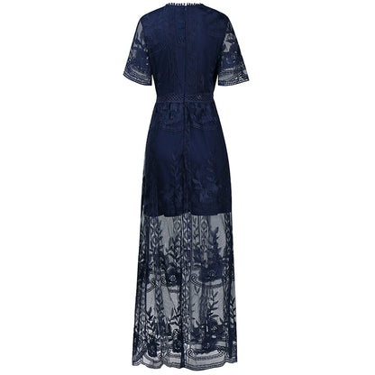 Womens Deep V Neck Short Sleeve Floral Lace Dress Long Bridesmaid Maxi Dresses