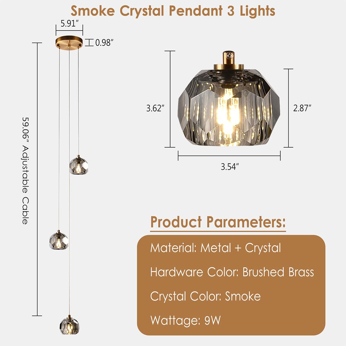 Yaskina 3-Light Prism Crystal Pendant Light, Modern Smoke Crystal Pendant Light Fixtures 9W, Triple Pendant Round Ceiling Pendant Lighting for Dining Room Kitchen Island