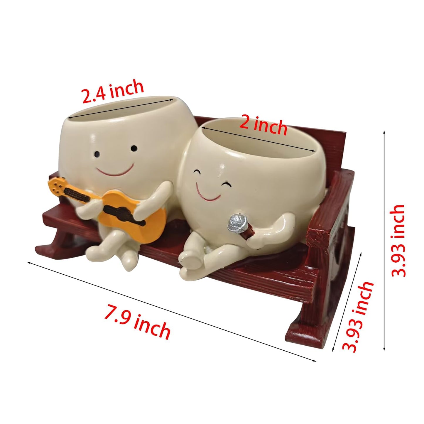 ERRSOU Smiley Face Planter Pot, Cute Funny Heart Rocking Chair Double Head Face Planter Pot with Unique Guitar and Microphone for Indoor Outdoor, Succulent Flower Pots with Drainage Hole ﻿