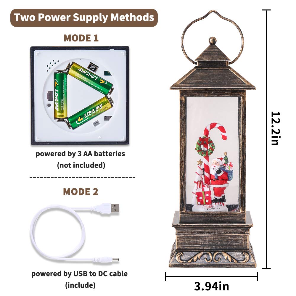 Christmas Musical Snow Globe Lantern, 12 Inch Spinning Glittering Lantern with 6 Hours Timer, USB Powered & Battery Operated for Christmas Decorations (Santa Claus and Candy Cane)