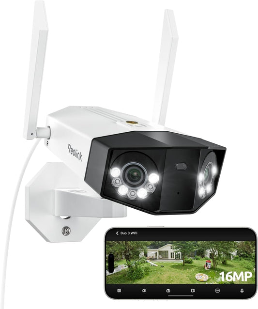 REOLINK 16MP WiFi Security Camera Outdoor, 180° Ultra-Wide Angle, Duo 3 WiFi, 2.4/5GHz Wi-Fi 6, Smart Detection, Color Night Vision, Two-Way Talk, IP67, Up to 512GB Storage, Plug-in Power (12V/2A)
