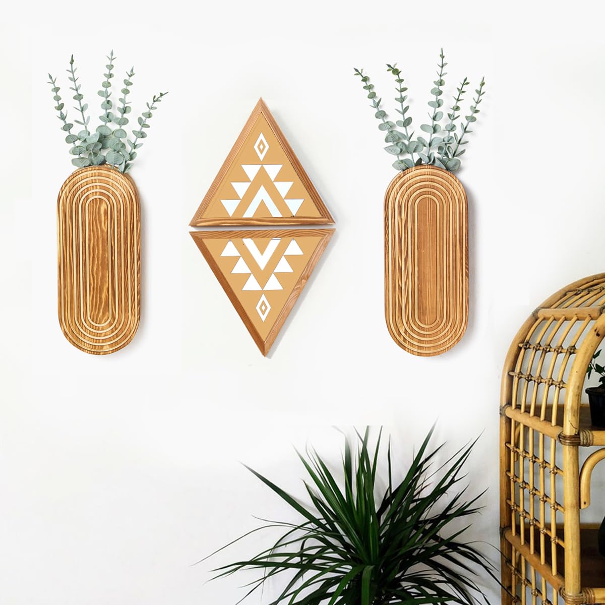 Mokof 2 Pack Carved Wood Wall Planters with Fake Eucalyptus Stems for Wall Decor - Boho Wooden Wall Art for Living Room, Bedroom, Bathroom (Brown)