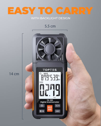 TopTes TS-301 Anemometer Wind Speed Meter, 2.26-Inch Display Wind Meter with Backlight, Max/Min/Average - Orange