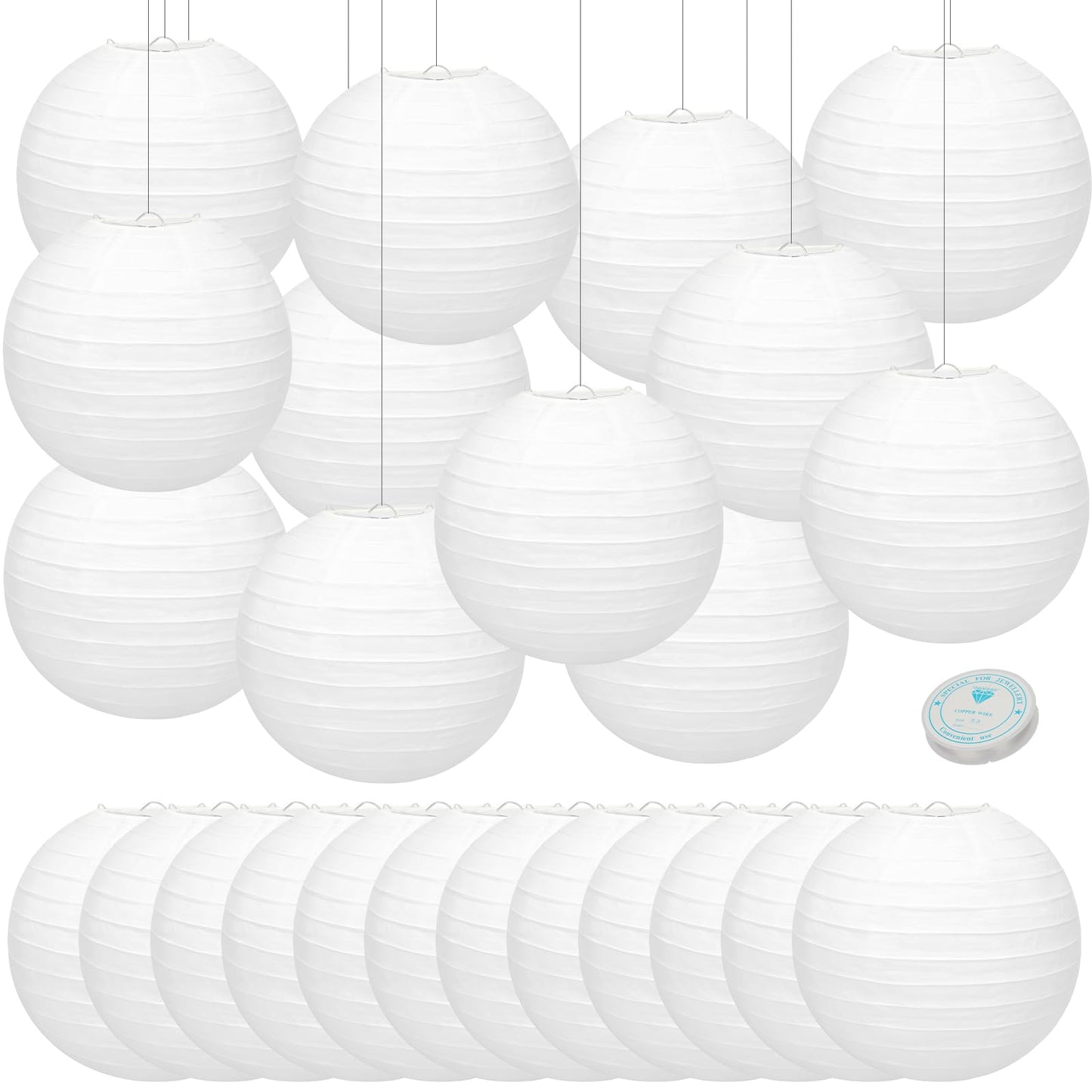 24 Packs White Paper Lanterns 8 Inch Chinese Japanese Hanging Paper Lanterns Lamp Round with Clear Fishing Line DIY Table Centerpiece Decoration for Wedding Birthday Party Baby Shower Indoor Outdoor