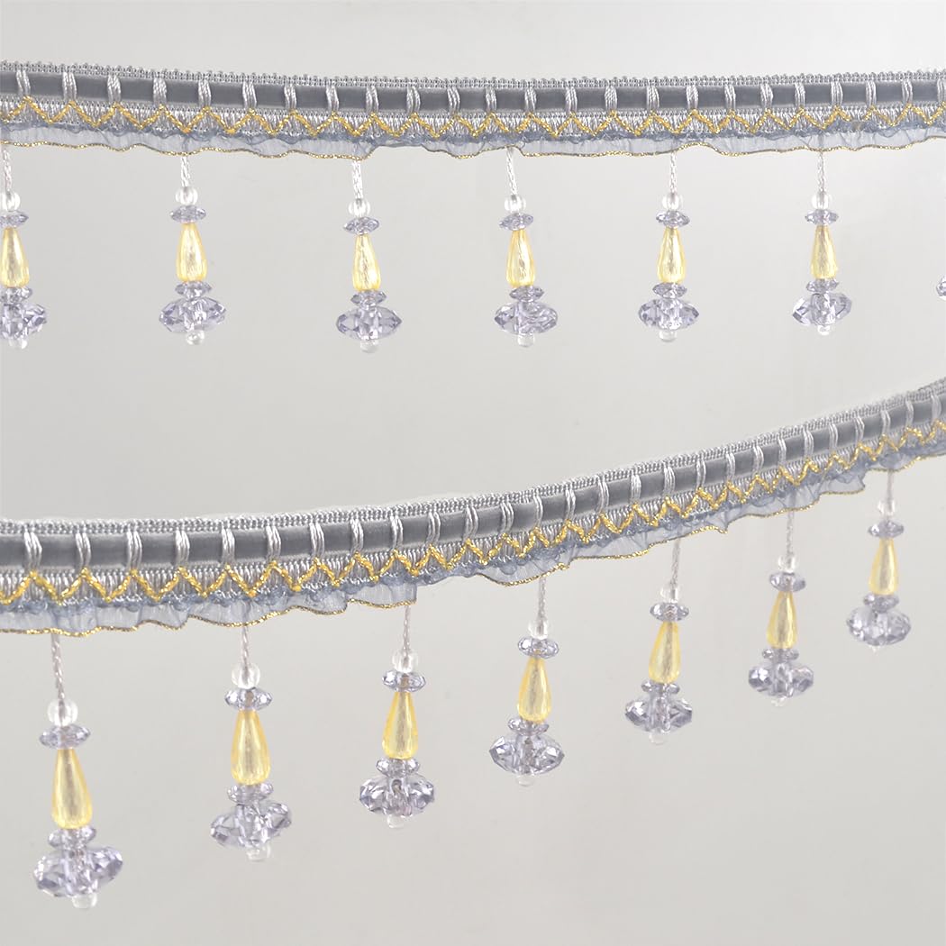 Kuasting 6.5 Yards Braid Hanging Ball Tassel Fringe Trim Bead Sewing Trim Fringe Acrylic DIY Craft Sewing Accessory for Home Curtain Decoration (Gray)