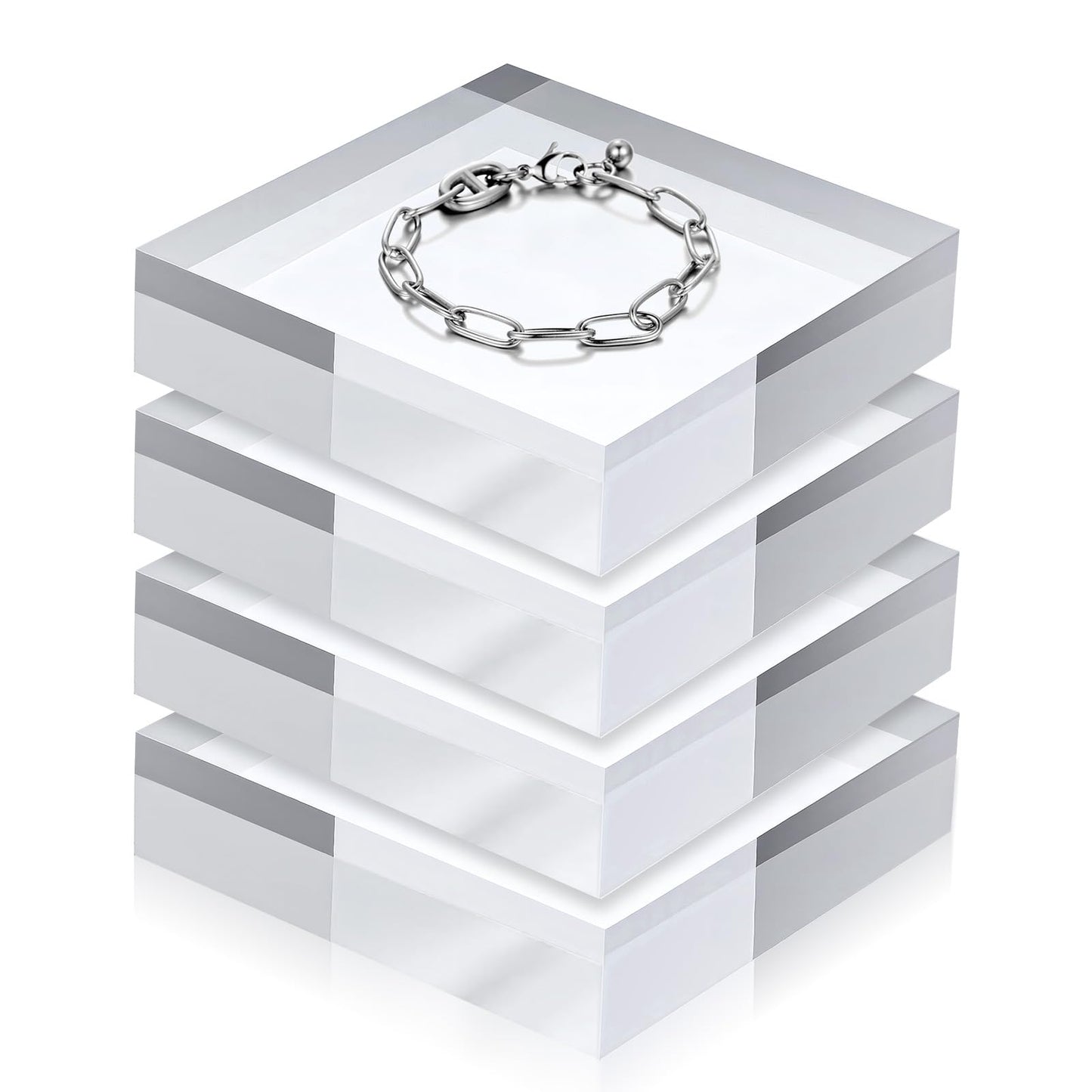 Xaajooio 4 Pcs Acrylic Display Block, 4 x 4 x 1 Inch Clear Polished Square Cube Riser Pedestal Stand for Jewelry Rings Cake Perfume Ornaments Collection