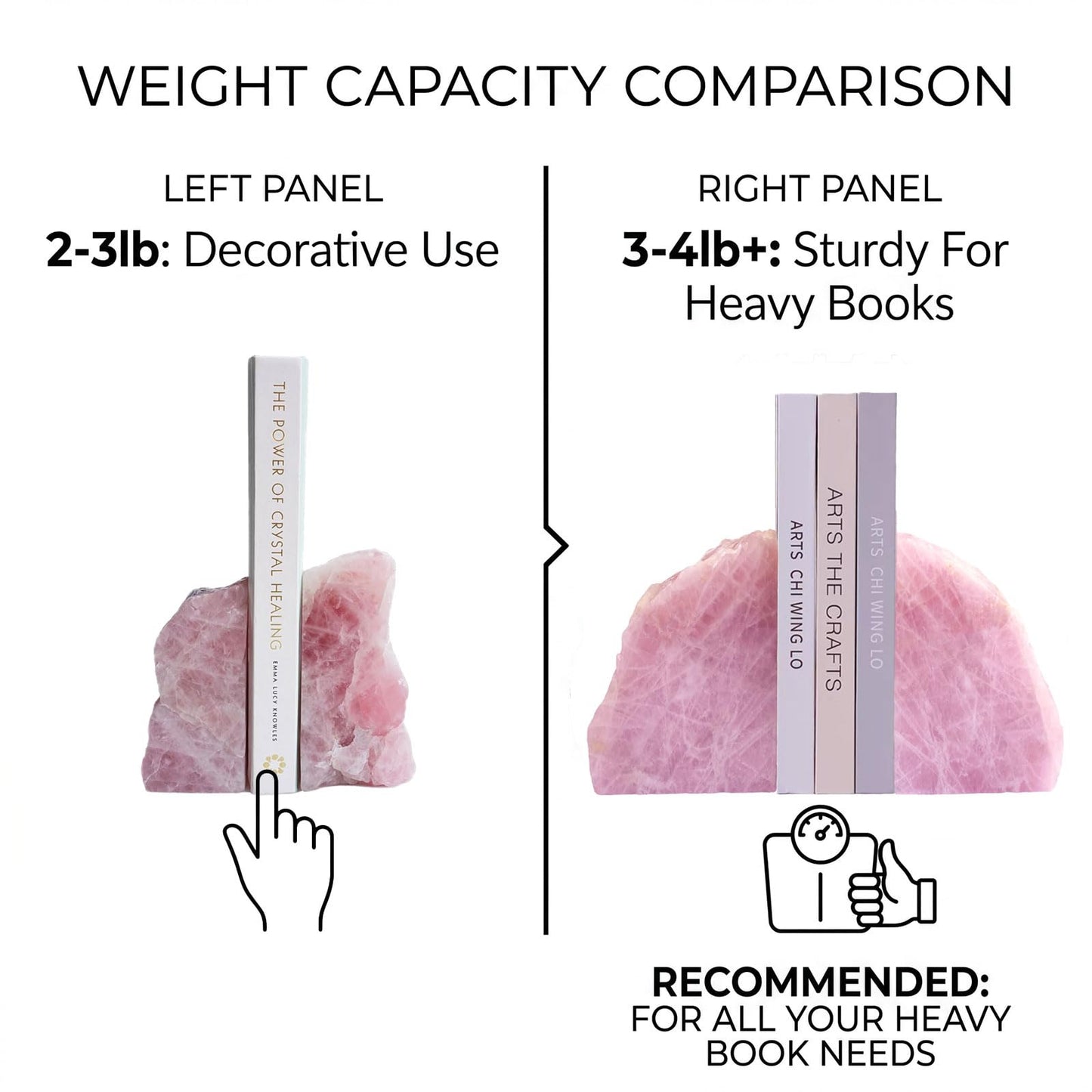 Sisamn Heavy Duty Rose Quartz Bookends - Decorative Stone Book Ends 3-4 Lbs, for Office Home Decor, Large Book Holder Gift (1 Pair, 4-6.5" Height with Non-Slip Bumpers)