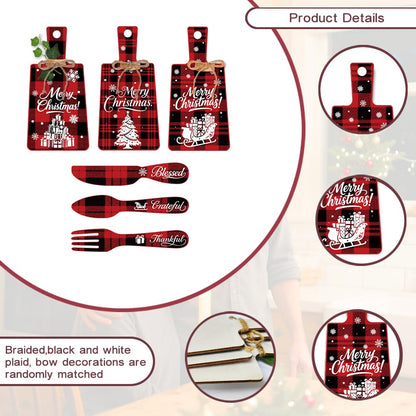 PH PandaHall 6pcs Christmas Wooden Sign, Red Plaid Christmas Kitchen Eat Sign Decorations Wall Decor Eat Art Hanging Fork Spoon Dining Signs for Home Kitchen Dining Living Room Bar Cafe