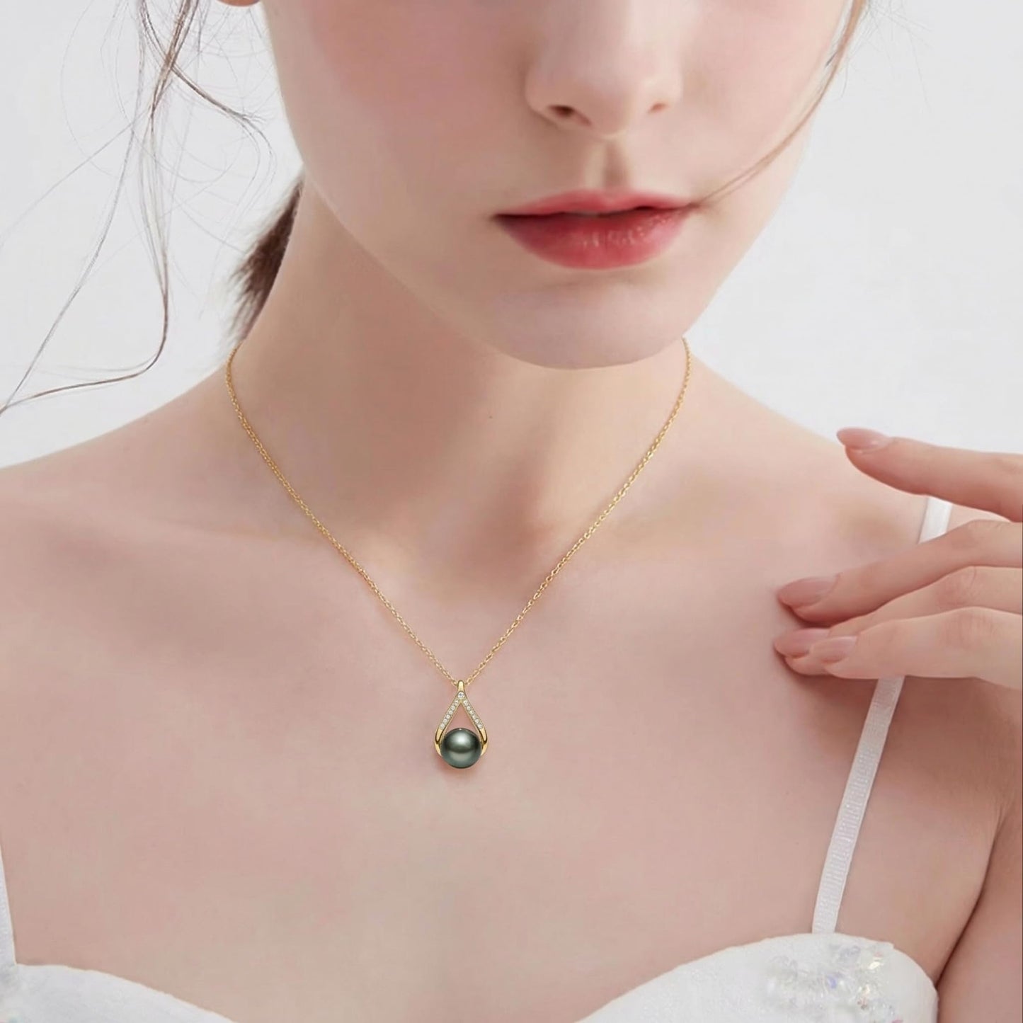14K Gold Tahitian Black Pearl Necklace, 9-10MM Natural Black Pearl-Moissanite Pendant with 18+2 Inch Chain, Mother's Day Valentine's Gift for Her Wife Mom Girlfriend