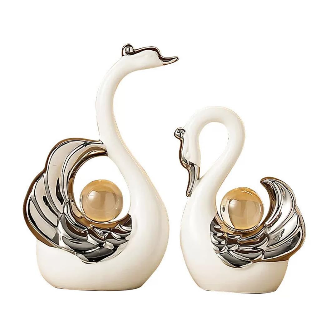 XINDAM A Pair of Swan Figurines Swans Statue with Crystal Ball Model Home Office Display Decorative Craft Living Room Decor (White)