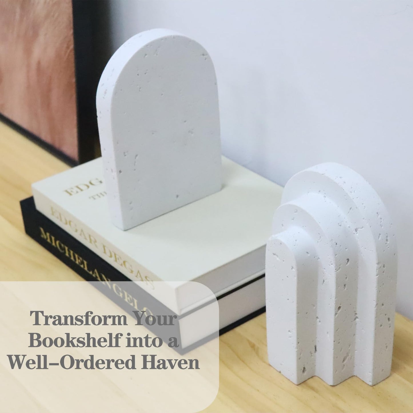 Iemegumi Decorative Book Ends for Shelves - Boho Aesthetic Bookends Decor - Heavy Duty Travertine Book Stopper Holder for Home Office Desk Coffee Table, Gifts for Book Lovers (White)