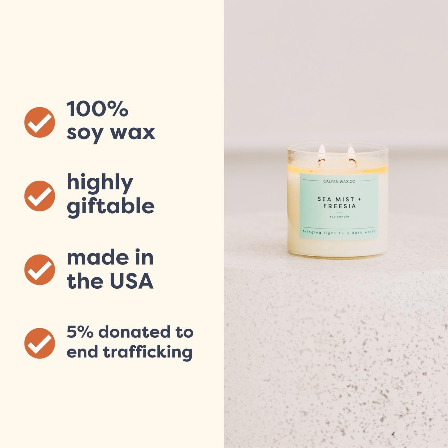 Calyan Wax Co. Sea Mist & Freesia 2 Wick Scented Candle - 37 Hour Burn - Luxury Clean Soy Wax Candles - Long Lasting Large Glass Jar Candle for Home - 8.8oz