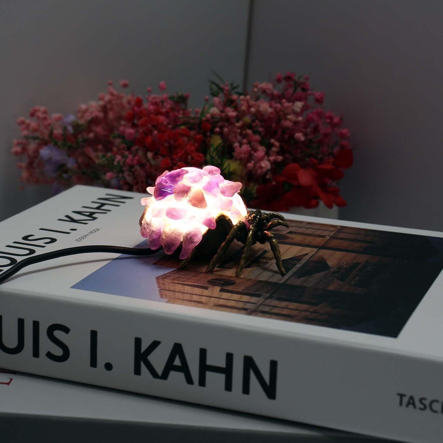 Amethyst Crystal Spider Lamp - Natural Cluster Stone Desk Decor, Dimmable Goth Amethyst Night Light with Bronzed Metal Base, Unique Healing Crystal Gifts for Women, Witchy Boho Home Office Decor