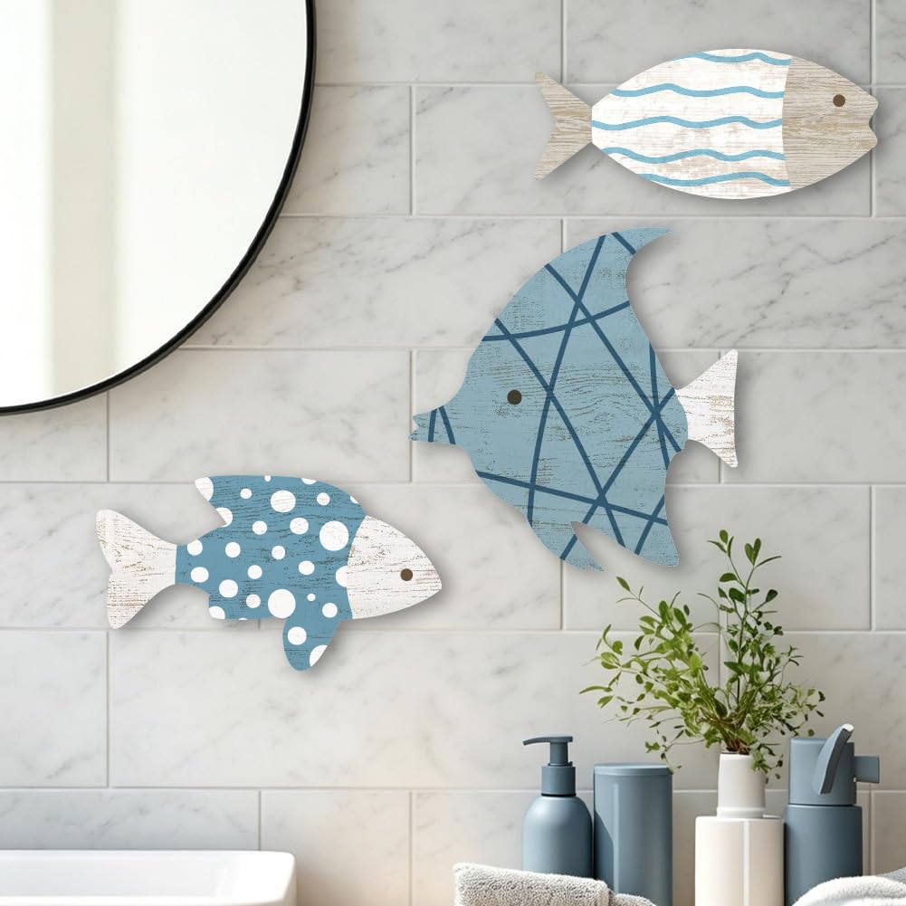 PRESSINART 3 Pcs Wooden Fish Wall Decor Sea Wall Sculptures Fishs Ocean Theme Hanging Art Signs for Lake House Restaurants Shop Bedroom Bathroom Dining Room Kitchen Home Office Garden Decorations