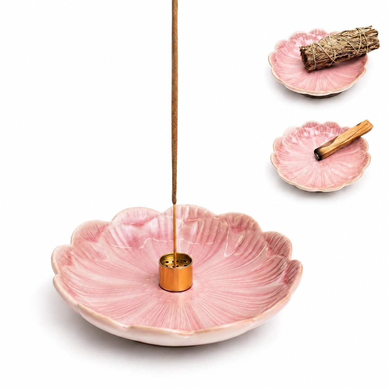 Pinehaven Pink Lotus Incense Holder – 5.5 Inch Hand-Sculpted Ceramic Tray with Ash Catcher, Brass 9-Hole Insert – for Incense Sticks, Cones, Palo Santo & Sage – Japanese Zen Home Décor for Meditation
