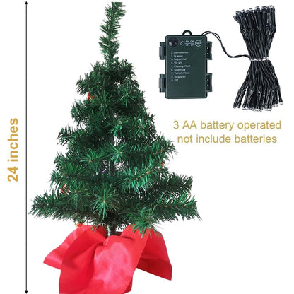 Juegoal 24 Inch Mini Christmas Tree Set, Table Top Artificial Christmas Trees with 50 LED Lights, Ornaments and Red Berries, Best DIY Christmas Decorations