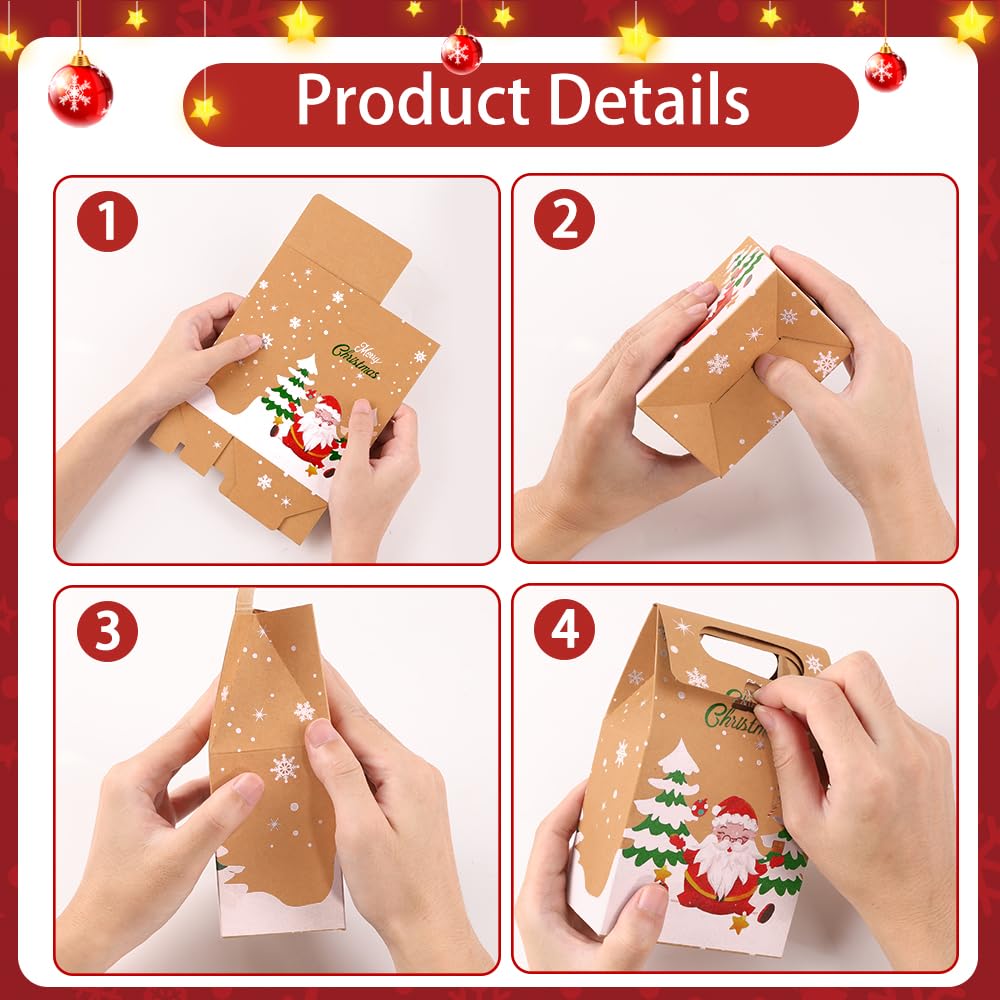 Vellibring 24PCS Christmas Kraft Candy Boxes, Kraft Paper Cookies Candy Treat Boxes Bags for Christmas Gift Wrapping Boxes Xmas Party Supplies Decorations