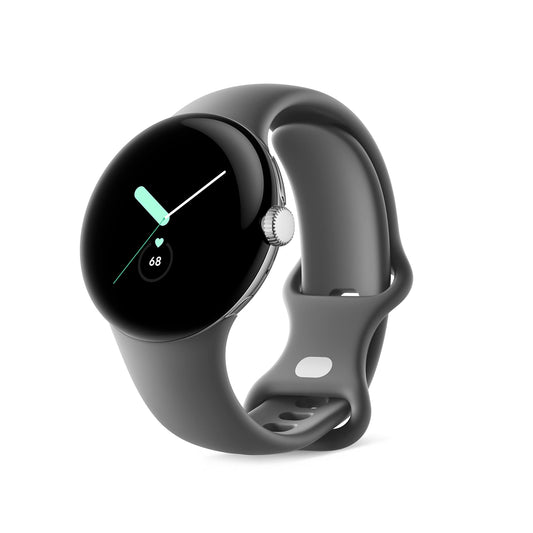 Google Pixel - Android Smartwatch with Fitbit Activity Tracking - Heart Rate Tracking Watch - Polished Silver Stainless Steel case with Charcoal Active band - LTE