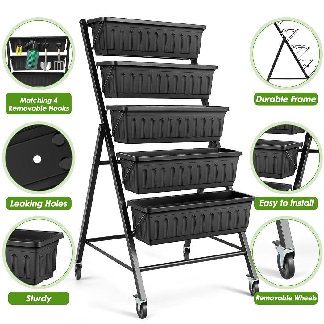 SEJOV 4FT Vertical Raised Garden Bed, 5-Tier Vertical Garden Planter with Drainage System, Larger Elevated Planter Box for Herb Vegetables Flowers Indoor Outdoor Planters (Black with Lockable Wheels)