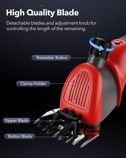 YEACHA Sheep Shears, 20V Horse Clippers Cordless, with 4.0Ah Batteries Brushless Clippers, Heavy Duty Electric Shears, Horse Grooming Kit for Thick Coat Red