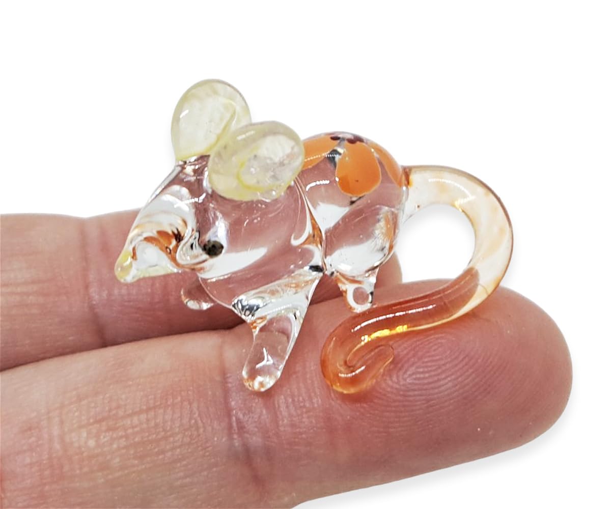 WitnyStore Tiny 1⅜" Clear Mouse Yellow Flower Figurine - Miniature Hand Blown Painted Glass Mice Rat Shrew Rodent Small Crystal Animals Cute Decorative Figures Collectible Figurines Home Décor Gifts