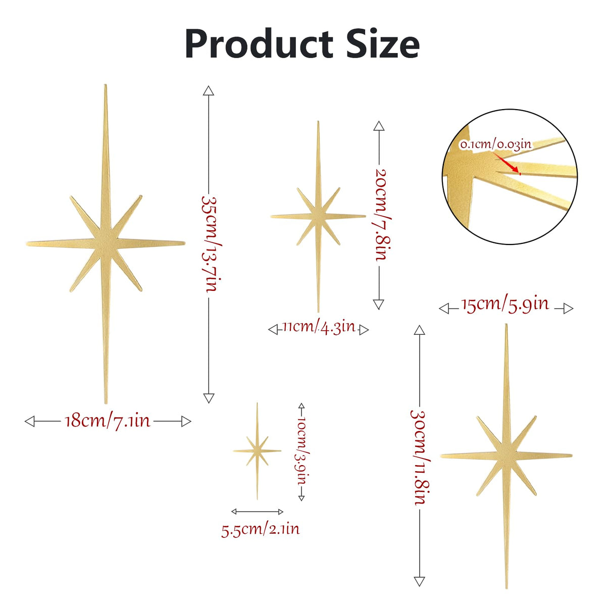 WOPARTY Mid Century Modern Black Starburst Wall Decor, 4 Piece Cast Metal Art Set, 8 Pointed Atomic Stars, Retro Home Decor, Multiple Sizes 13.7 * 7inch to 3.94 * 2.2inch (Gold)