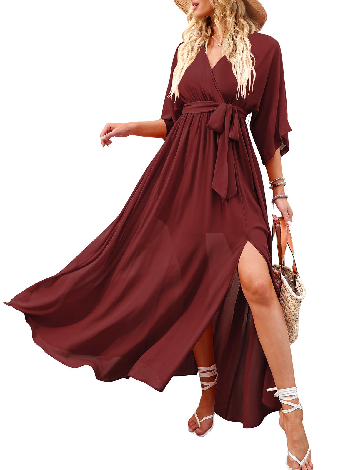 ANRABESS Womens 1/2 Sleeve Beach Wedding Guest Maxi Dresses 2025 Fall Wrap V Neck Boho Floral Flowy Slit Long Summer Dresses