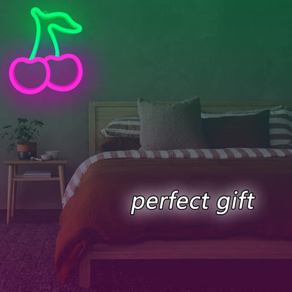 Cherry Neon Sign,Pink Green Cherries Neon Lights Cherry Neon Signs for Wall Decor,Cute Fruits LED Signs for Kids Room Restaurant Bar Fruit Shop Home