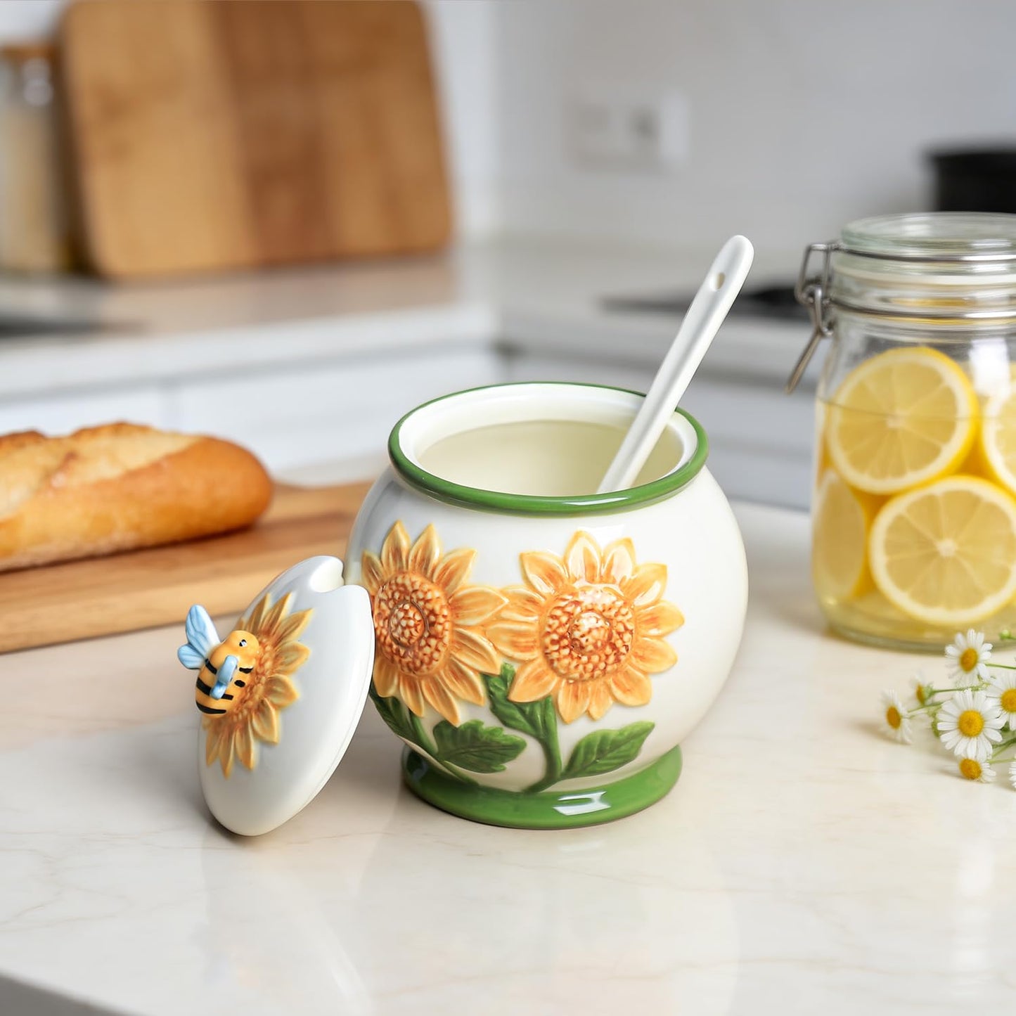 WAIT FLY Embossed Sunflower and Bee Ceramic Sugar Bowl with Lid and Spoon, Sugar Container, Sugar Jar for Kitchen Countertop, Coffee Bar-A