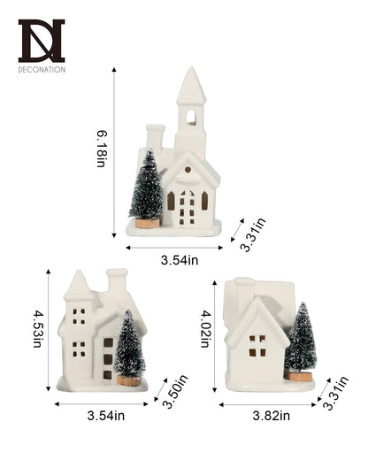 DN DECONATION Light up Christmas Decor Ceramic Village Houses, 3Pcs White Christmas Porcelain Villages with Frosted Trees, Holiday House Figurines Xmas Village Sets for Winter Table Decoration Indoor