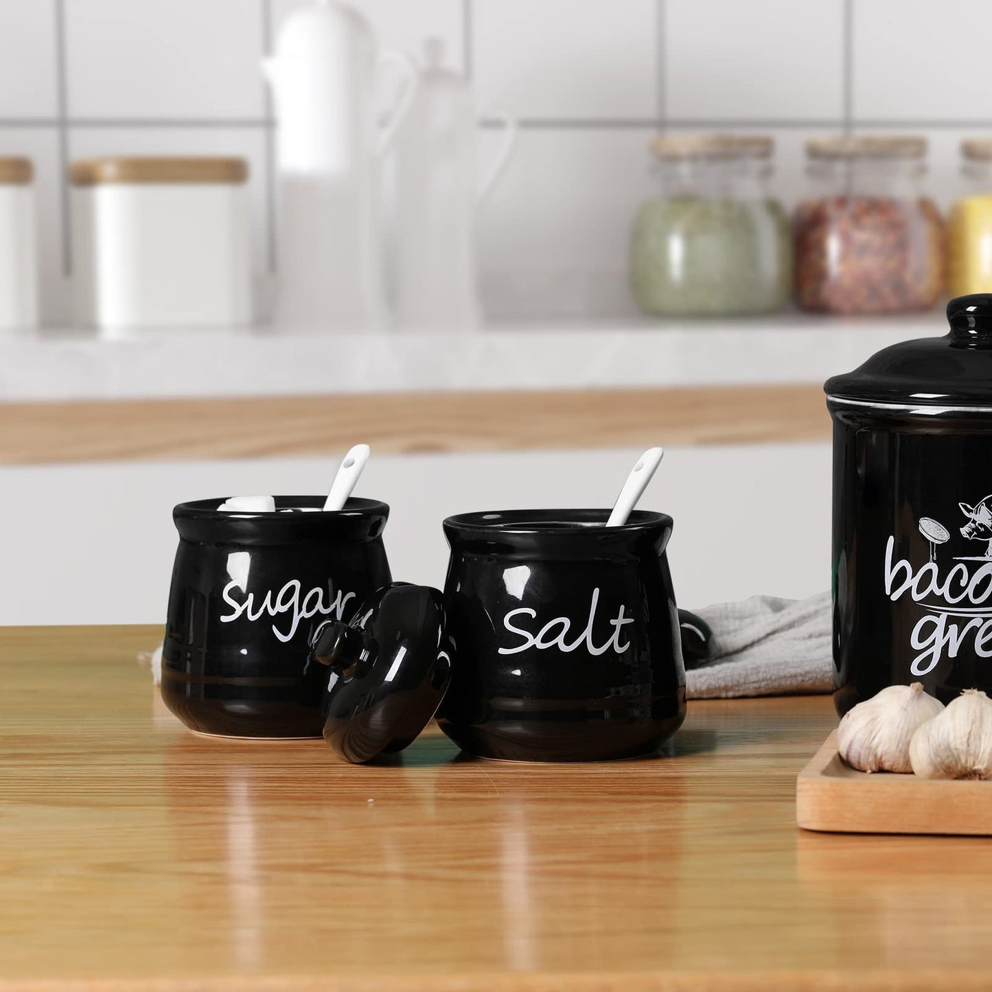 12oz Sugar and Salt Bowls with Lid and Spoon, Ceramics Condiment Pots,Seasoning Jar Spice Container for Kitchen,Dishwasher Safe (Black)
