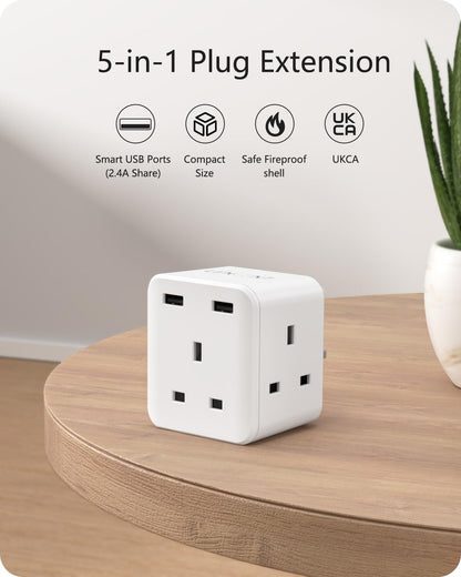 LENCENT Multi Plug Extension with 2 USB, 3 Way 3 Plugs Socket adapter, 5-in-1 Cube Electrical Extender Socket Adaptor, USB Wall Charger, 3 Pin Plug Expander for Home, Office, Kitchen, 13A 3250W